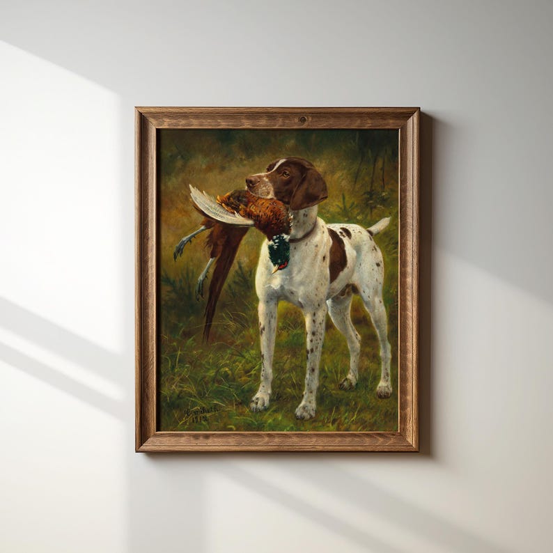 A classic oil painting of a hunting dog, possibly a German Shorthaired Pointer, standing in a grassy field with a pheasant gently held in its mouth. The dog's coat is white with brown patches and speckled markings, and its expression is focused yet calm. The pheasant's feathers are richly detailed, showcasing iridescent greens, deep reds, and earthy browns. The background consists of softly blended greens and yellows, giving the scene a timeless, traditional sporting art aesthetic.