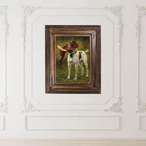 A classic oil painting of a hunting dog, possibly a German Shorthaired Pointer, standing in a grassy field with a pheasant gently held in its mouth. The dog's coat is white with brown patches and speckled markings, and its expression is focused yet calm. The pheasant's feathers are richly detailed, showcasing iridescent greens, deep reds, and earthy browns. The background consists of softly blended greens and yellows, giving the scene a timeless, traditional sporting art aesthetic.
