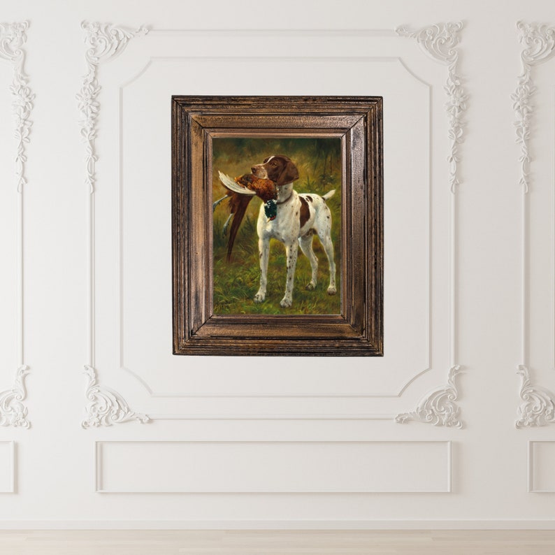 A classic oil painting of a hunting dog, possibly a German Shorthaired Pointer, standing in a grassy field with a pheasant gently held in its mouth. The dog's coat is white with brown patches and speckled markings, and its expression is focused yet calm. The pheasant's feathers are richly detailed, showcasing iridescent greens, deep reds, and earthy browns. The background consists of softly blended greens and yellows, giving the scene a timeless, traditional sporting art aesthetic.