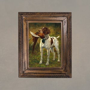 A classic oil painting of a hunting dog, possibly a German Shorthaired Pointer, standing in a grassy field with a pheasant gently held in its mouth. The dog's coat is white with brown patches and speckled markings, and its expression is focused yet calm. The pheasant's feathers are richly detailed, showcasing iridescent greens, deep reds, and earthy browns. The background consists of softly blended greens and yellows, giving the scene a timeless, traditional sporting art aesthetic.