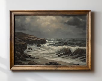 Moody Coastal Wall Art, Vintage Beach Painting, Nautical Ocean Art Print, Dark Seascape, Beach House Decor, Coastal Grandmother Aesthetic