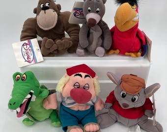 Vintage 1990s Disney Bean Bag Plush Bundle-Baloo, Iago, Ape from George of the Jungle, Crock from Peter Pan, Smee, and Bernard