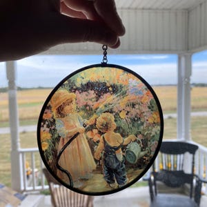 Vintage Window or Garden Suncatcher, Children Gardening Artwork, Round Glass Art, 4-1/2 inches, AS IS