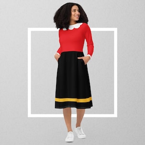 Strój Olive Oyl, kultowa sukienka inspirowana kreskówką, zabawny strój na imprezy tematyczne, nostalgiczny prezent dla fanów Popeye'a