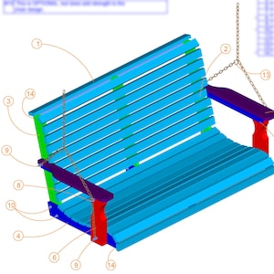 May include: A 3D isometric drawing of a patio swing with a blue and green wooden frame and a purple seat. The swing is suspended by a chain and is labeled with numbers for each part.