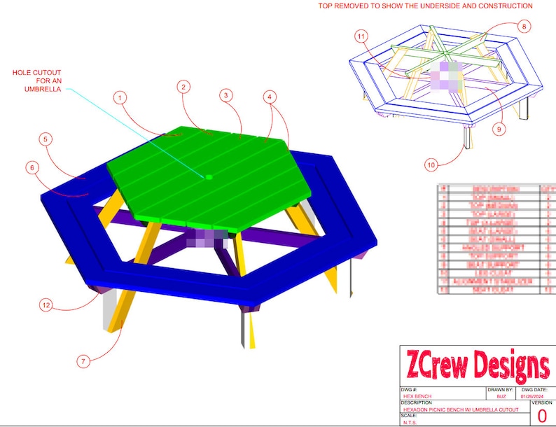 Hexagon Picnic Table Plan for 6 With Umbrella Hole (digital Files) - Etsy