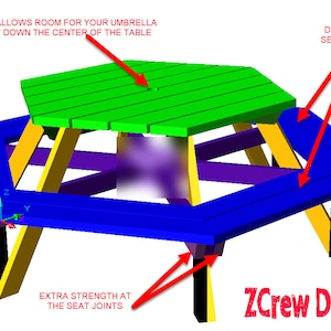 Mesa de piquenique hexagonal com planos de design de abertura de guarda-chuva (somente arquivos digitais) - arquivos de roteador CNC - dxf, ai, eps, svg
