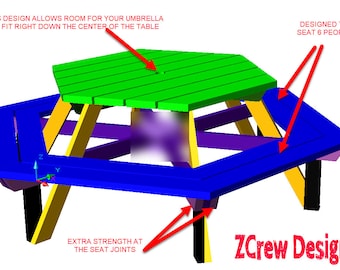 Hexagon Picnic Table Plan for 6 with Umbrella Hole (Digital Files)