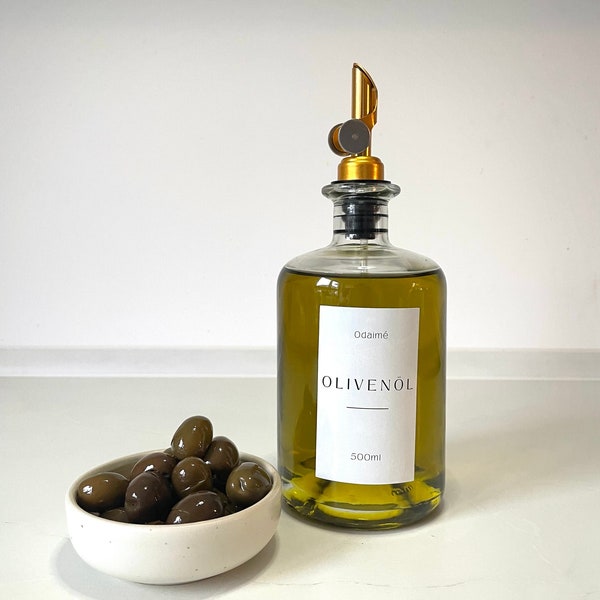 500ml Ölflasche; Ölspender für Olivenöl, Essig uvm.; Glasflasche mit Ausgießer & Etikett