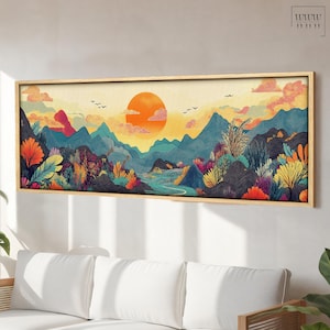 Große japanische Wandkunst Yayoi Kusama inspiriert, horizontale Panorama gerahmte Leinwand oder Poster, modernes Schlafzimmer und Wohnzimmerdekor