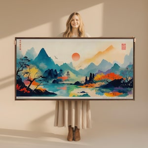 Japanische Landschaft Wandkunst: Weit überzogener Retro bunter Japandi-Druck