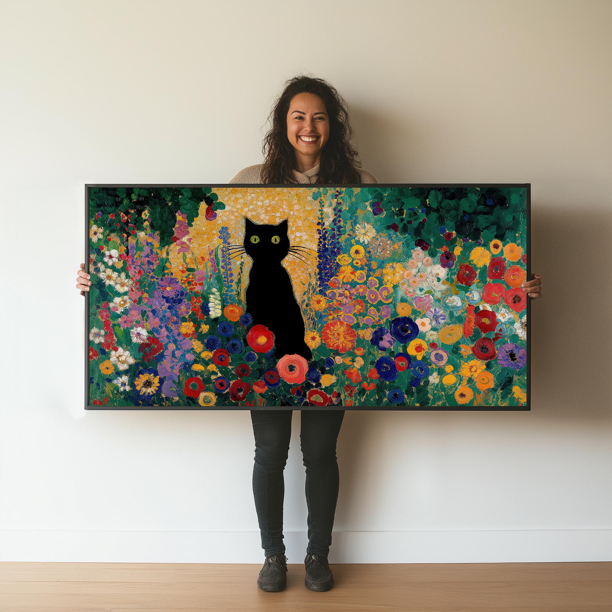 Black Cat Floral Large Canvas Wall Art: Whimsical Botanical Home Decor ...