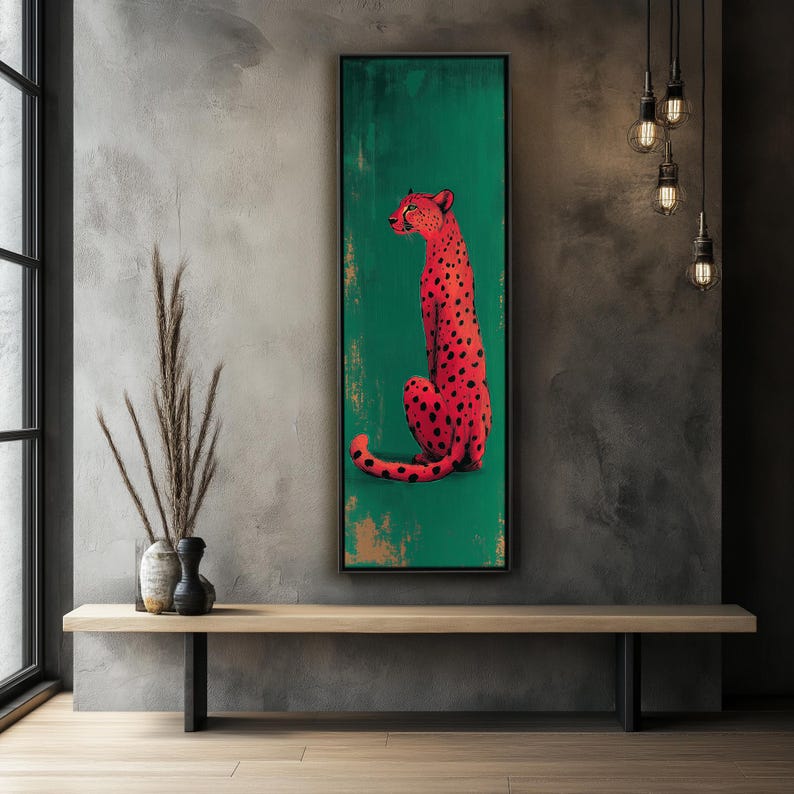 Konsttryck med rosa gepard: Smaragdgrön, modern minimalistisk heminredning bild 3