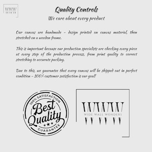 May include: A light gray image with text that reads "Quality Controls" and "We care about every product." The text describes the canvas production process, quality checks, and customer satisfaction guarantee. A "Best Quality Guarantee" seal is also present.
