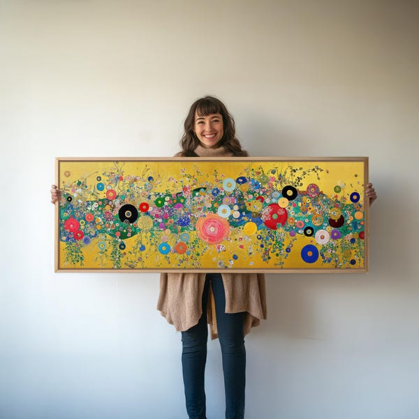 Gerahmter Klimt inspirierter Jugendstil Druck: Goldene florale Panorama-Leinwand