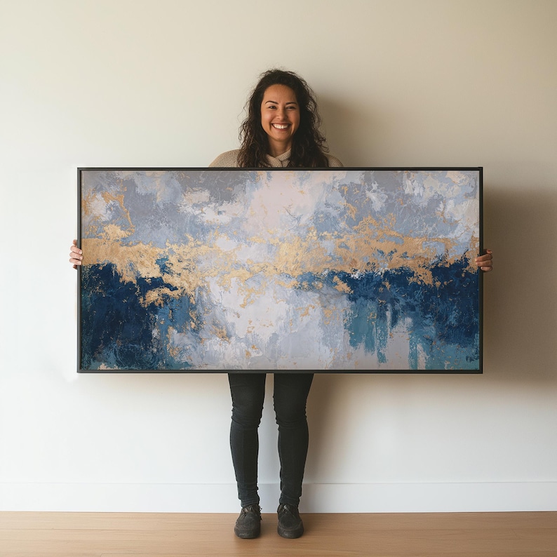 Blue Gold Abstract Large Framed Canvas Wall Art, Modern Luxury Painting ...