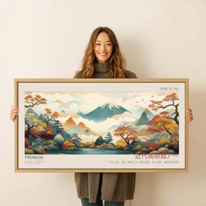 Japanese Art Modern Premium Gallery Framed Large Wall Decor, Fuji Mountain Landscape Yayoi Kusama Inspired Mid Century Japandi Print