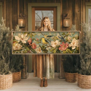 ヴィンテージの鳥と花のワイドウォールアート：特大パノラマ植物プリント
