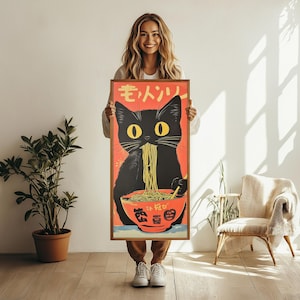 Póster enmarcado o lienzo vintage de gato japonés tonto comiendo ramen, arte de pared, impresión retro japonesa, decoración única para cocina, regalo para amantes de los fideos, gato tonto