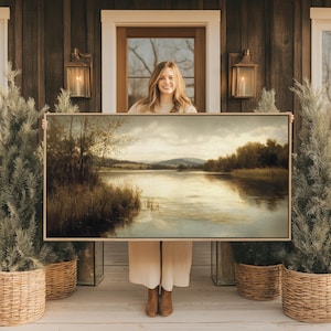 Impression sur toile horizontale grand paysage mural : oeuvre d'art rustique inspirée de la nature, scène de rivière, peinture apaisante pour décoration de salon