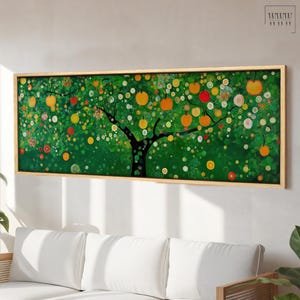 May include: A painting of a tree with green leaves and yellow, orange, and red fruit. The tree is surrounded by white flowers and green leaves. The painting is framed in a wooden frame.