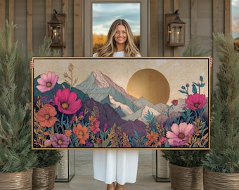 Grande oeuvre d'art murale horizontale bohème bohème, soleil doré, impression florale paysage de montagne