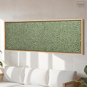 May include: A green and white abstract maze pattern printed on canvas with a natural wood frame.