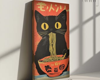 Vintage Japanese Cat Ramen Oversized Wall Art: Retro Kitchen Canvas or Poster
