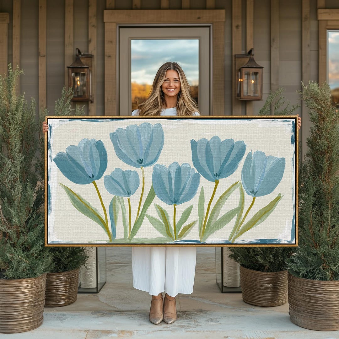 Blue Tulip Floral Botanical Large Wall Art Print: Minimalist Modern ...