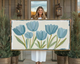 Blue Tulip Floral Botanical Large Wall Art Print: Minimalist Modern Flower Home Decor