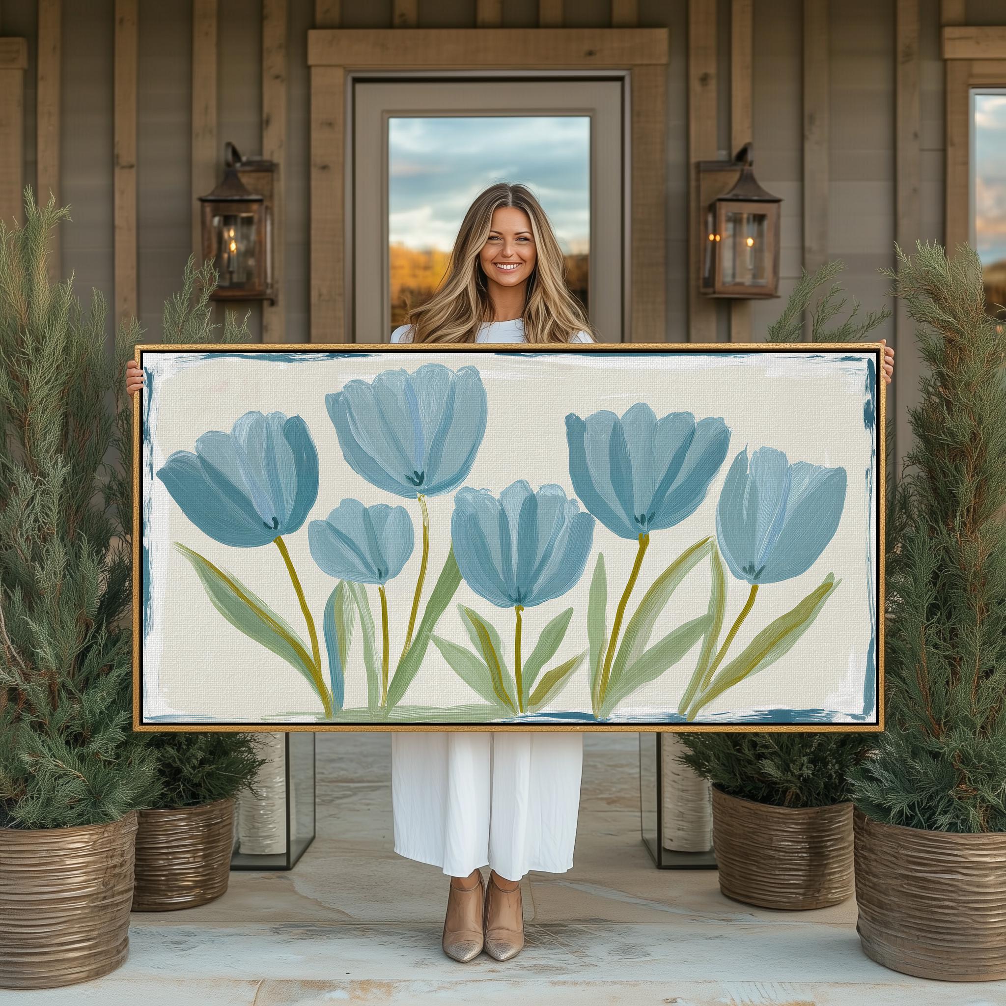 Blue Tulip Floral Botanical Large Wall Art Print: Minimalist Modern ...