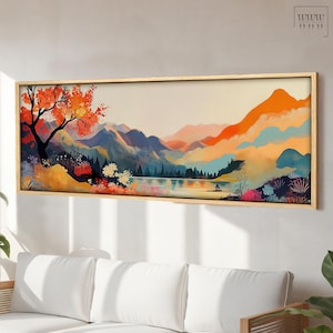 Friedliche japanische Landschaft Große Wandkunst, horizontale abstrakte Japandi-Kunst, gerahmtes Poster oder Leinwand, moderner Panorama-Druck von Kusama