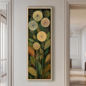 Stampa artistica da parete botanica verticale / Lunga tela floreale con denti di leone e foglie astratte dorate / Decorazione per la casa alta ispirata alla natura