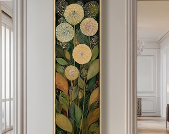 Toile d'art verticale pissenlit : impression florale dorée, décoration Japandi