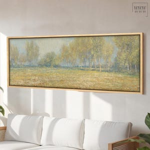 Flowering Meadow Framed Canvas Print: Long Horizontal Vintage Landscape