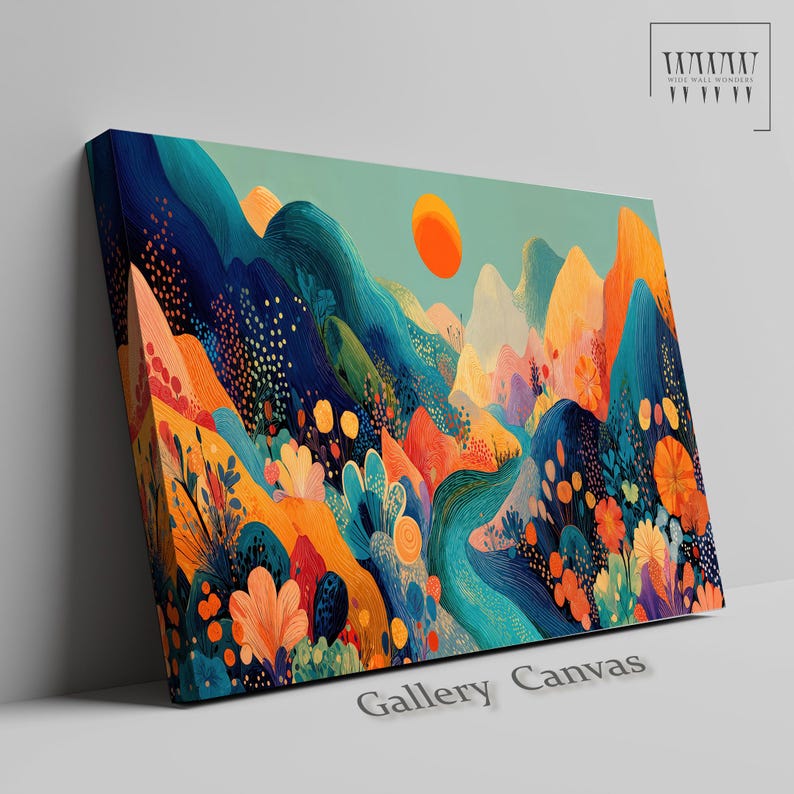 May include: A colorful canvas print featuring a stylized landscape with mountains, flowers, and a sun. The artwork uses shades of blue, orange, and yellow. The words "Gallery Canvas" are printed on the bottom.