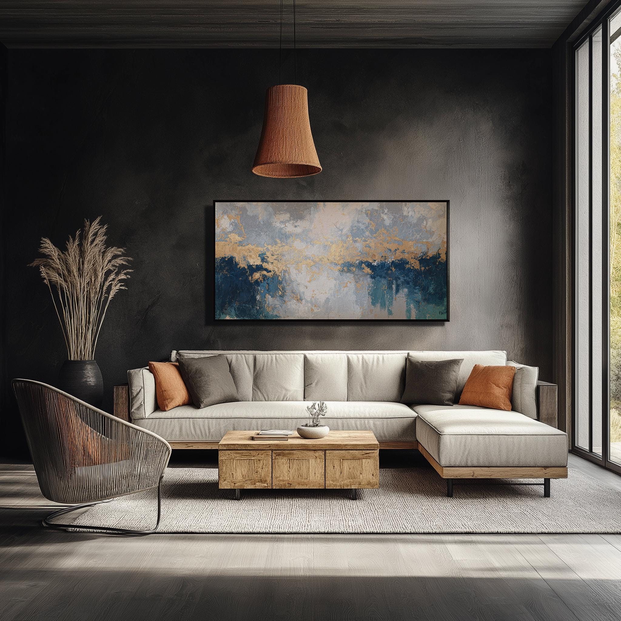 Blue Gold Abstract Large Framed Canvas Wall Art, Modern Luxury Painting ...