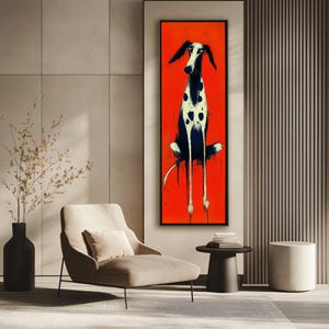 Greyhound Long Narrow Art Print, Vertical Dog Home Decor, House Warming Gift, Red Illustration Abstract Art, Gallery Quality Canvas Poster