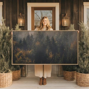Grote ingelijste canvas print Misty Forest Landscape: rustieke moderne brede muurkunst