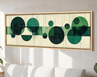 May include: Abstract art print with a geometric design featuring overlapping circles in shades of green on a cream background.