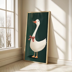 Decorazione murale "Oca con papillon", decorazione murale oversize per la cameretta dei bambini, arredamento vintage alla moda e divertente, poster incorniciato o tela, formato 1x2.