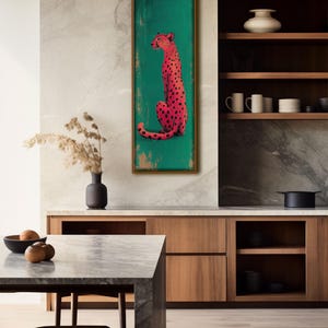Konsttryck med rosa gepard: Smaragdgrön, modern minimalistisk heminredning bild 5