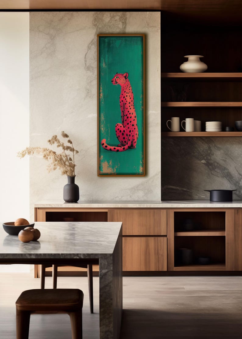 Konsttryck med rosa gepard: Smaragdgrön, modern minimalistisk heminredning bild 5