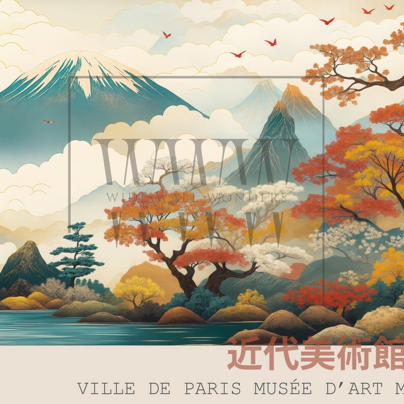 May include: A digital painting depicting a Japanese landscape featuring a mountain range, trees, and a lake. The trees are in shades of red, orange, yellow, and green. The mountains are blue and green. The lake is blue. The sky is a light blue with white clouds. The text "近代美術館" is in the bottom right corner of the image.