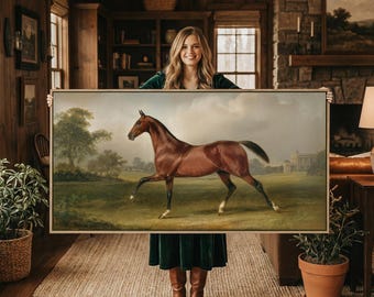 Grande toile d'art mural cheval brun vintage, impression de peinture équestre classique surdimensionnée