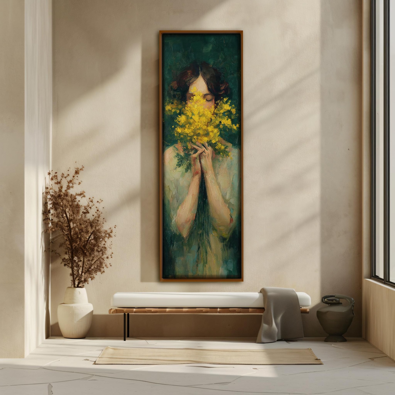 Emerald Green Woman Portrait Framed Canvas Print: Abstract Floral ...