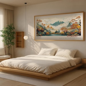 May include: A wooden platform bed with a white duvet and two pillows. The bed is in a bedroom with a large window, white curtains, and a plant in the corner. A painting of a mountain landscape hangs on the wall above the bed.