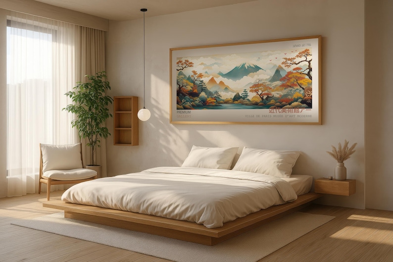 May include: A wooden platform bed with a white duvet and two pillows. The bed is in a bedroom with a large window, white curtains, and a plant in the corner. A painting of a mountain landscape hangs on the wall above the bed.