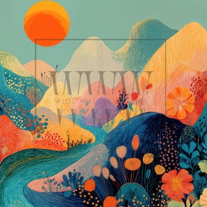 May include: Abstract landscape art print featuring a vibrant color palette. The artwork depicts rolling hills, a winding river, and a large orange sun. The color scheme includes shades of blue, orange, yellow, and purple, creating a cheerful and inviting scene.