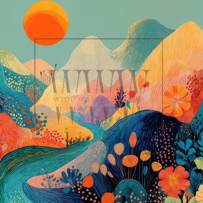 May include: Abstract landscape art print featuring a vibrant color palette. The artwork depicts rolling hills, a winding river, and a large orange sun. The color scheme includes shades of blue, orange, yellow, and purple, creating a cheerful and inviting scene.
